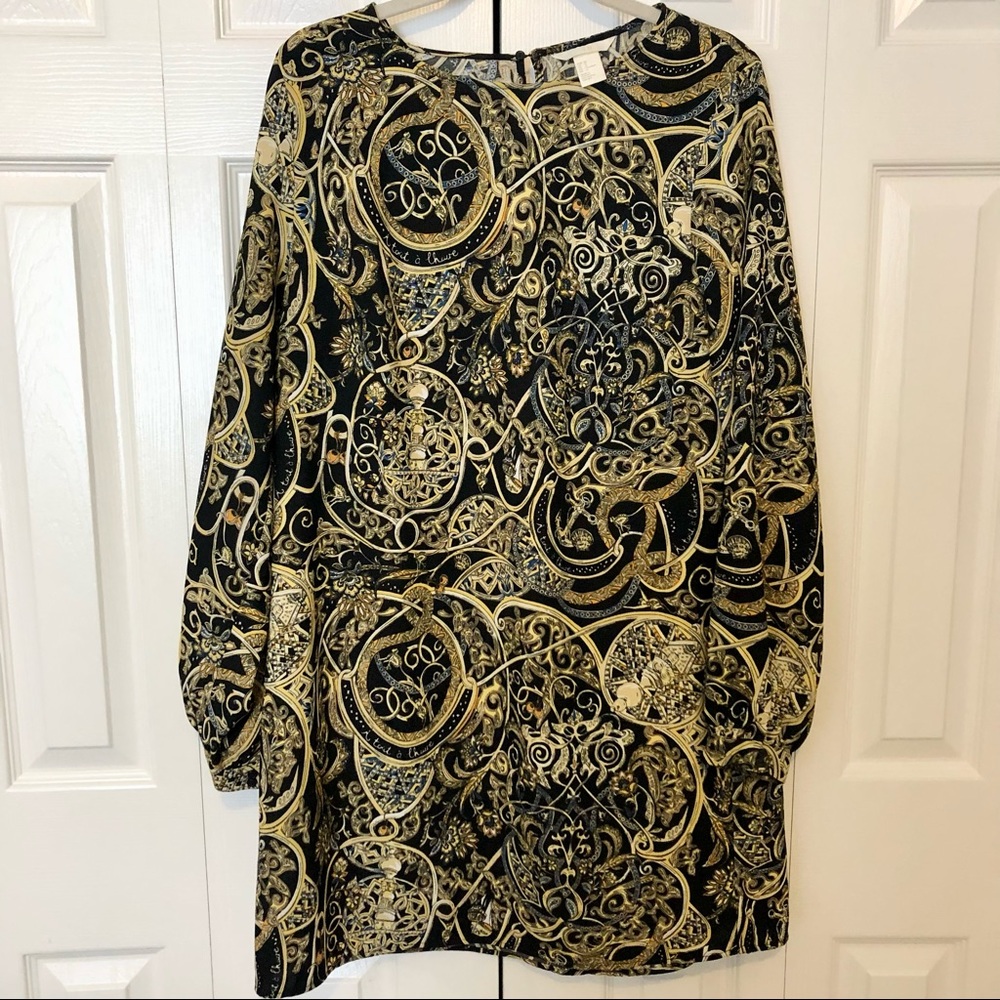 H&M long sleeve black and gold dress, size 12
